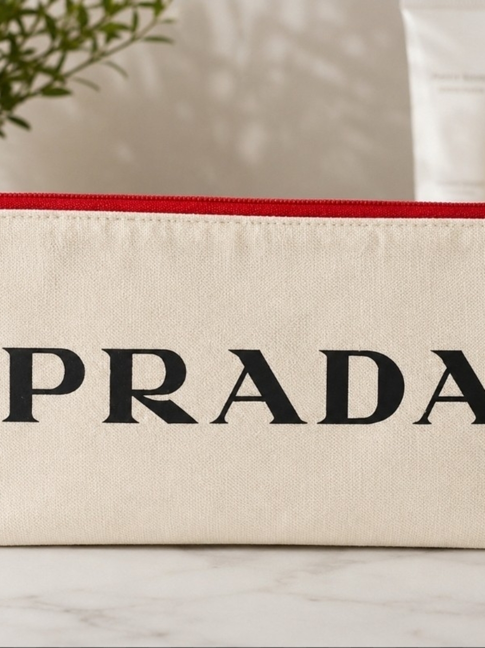 Cream Canvas Cosmetic Bag | 4.5" x 7" Zip Make-up Prada Black Logo Red Zipper